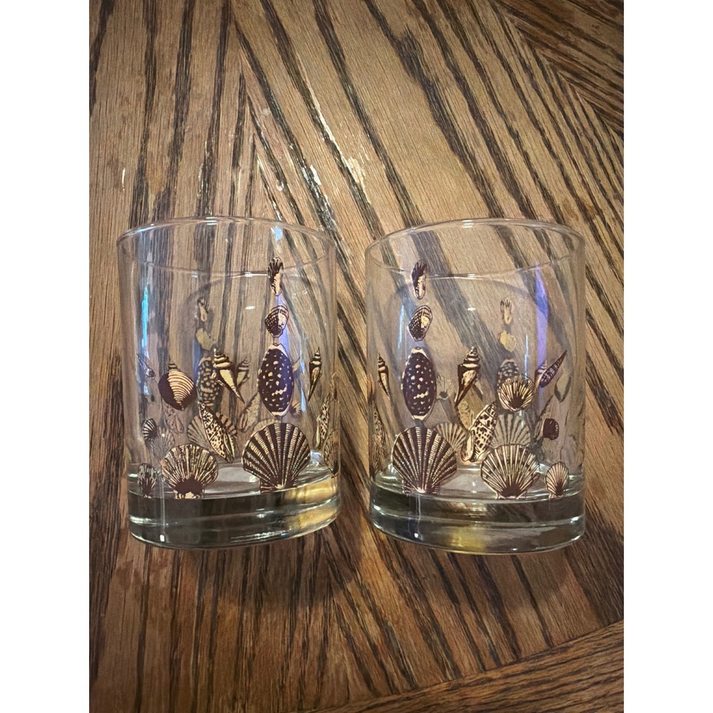 Vintage Seashell Rocks Glasses Set of 2 Brown Conch Shell Lowball Barware Clear